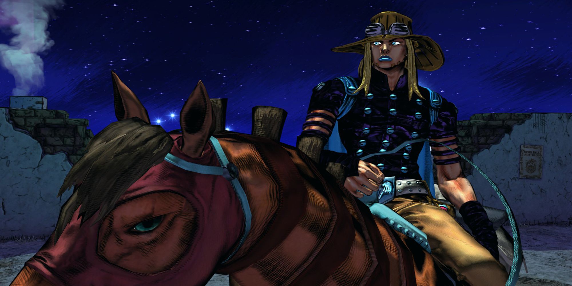 Gyro Zeppeli rides his horse in Rocky Mountain Village in JoJo's Bizarre Adventure ASBR.