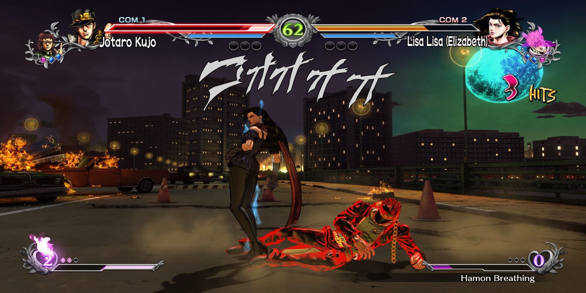Lisa Lisa charges her Heart Heat Gauge with Hamon-breathing during a battle with Jotaro at the Cairo Bridge in Jojo's Bizarre Adventure: ASBR.