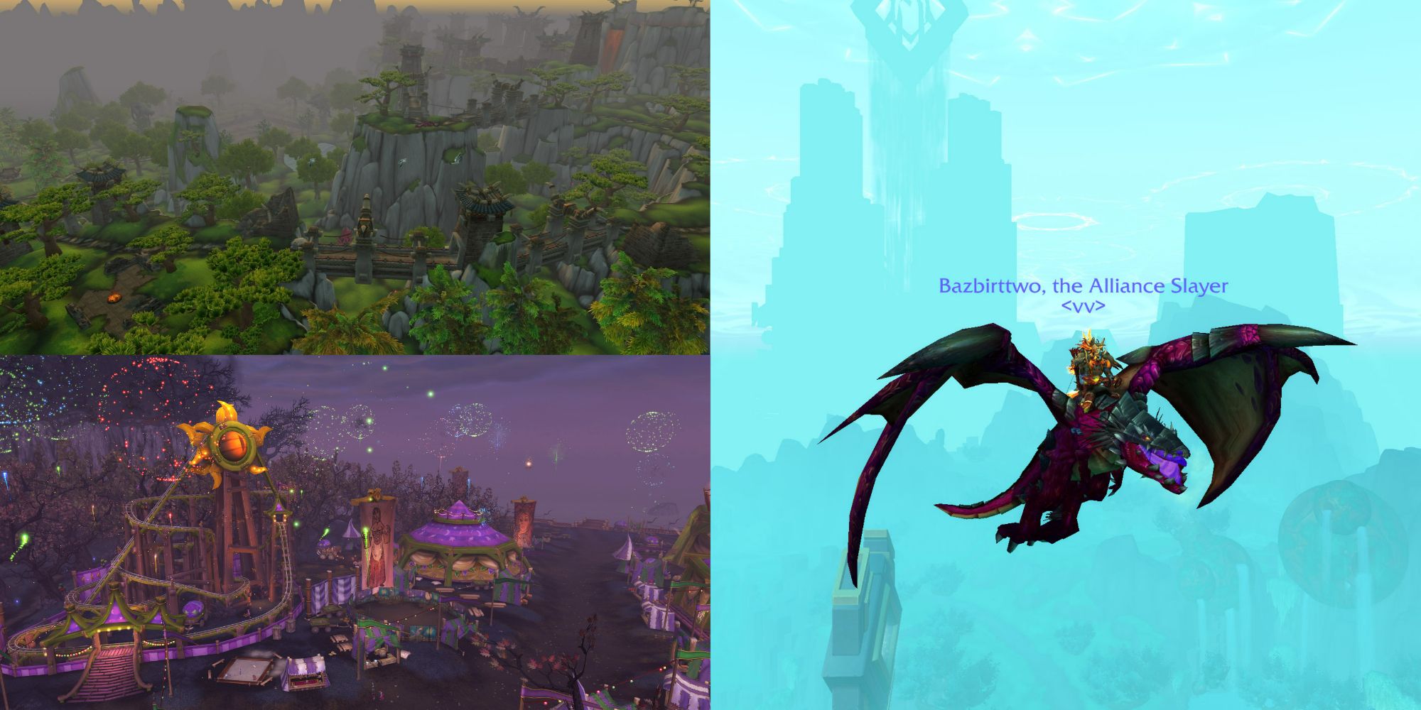 World of Warcraft split image of Timeless Isle, Darkmoon Faire, and character atop Violet Proto-drake