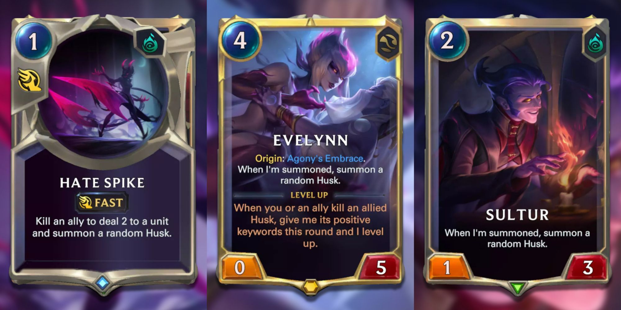 Legends of Runeterra Hate Spike, Sultur, and Evelynn cards