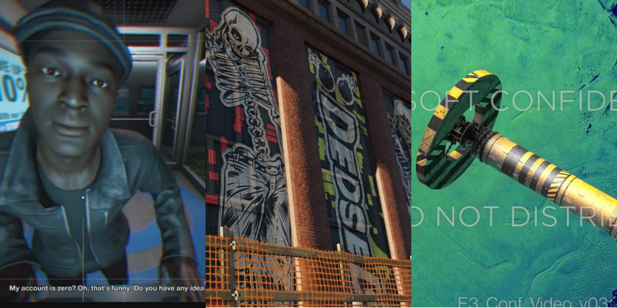 Watch Dogs 2 Split image with a man, painted wall, and space station