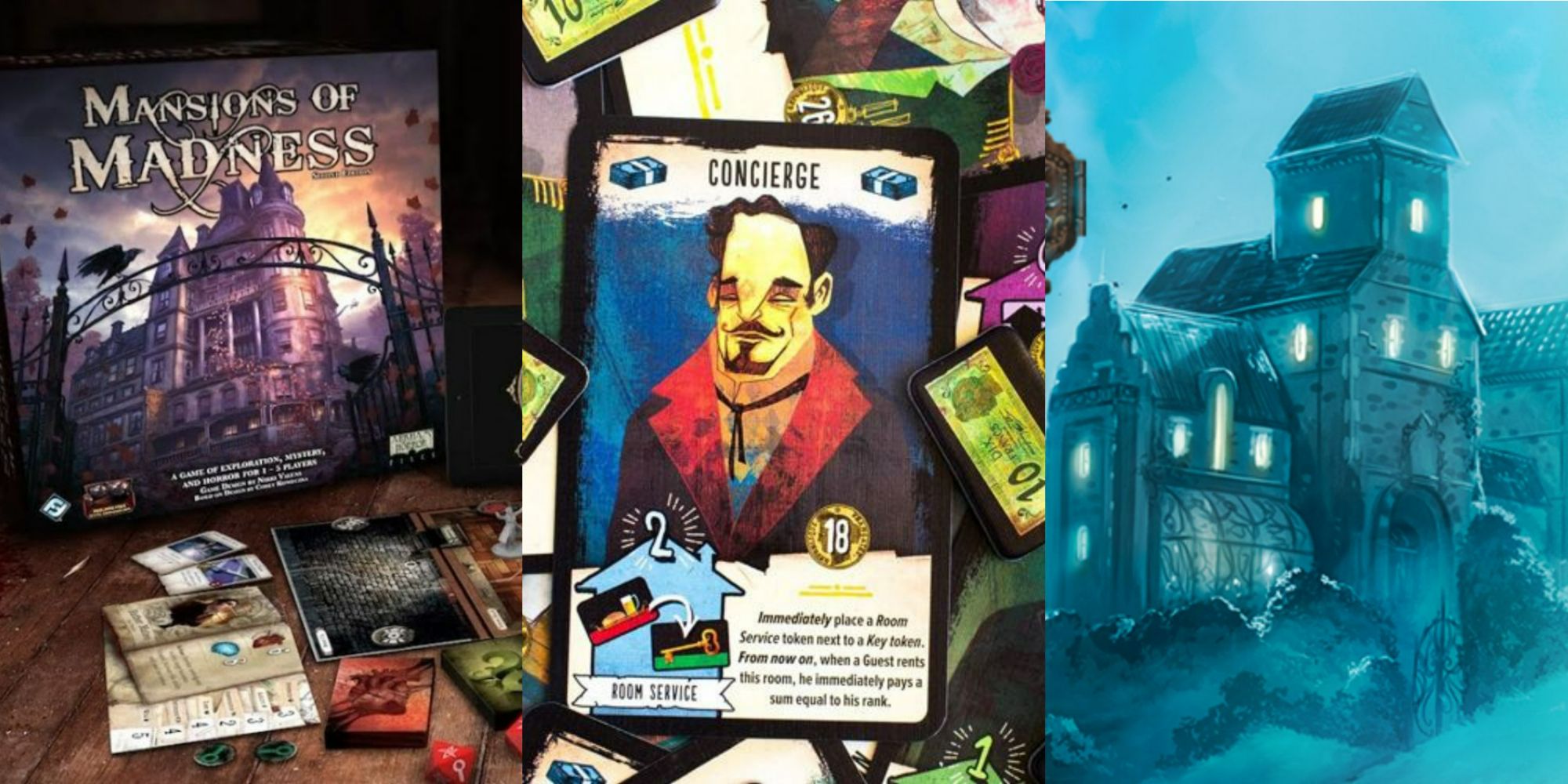 Split image of Mansions of Madness, The Bloody Inn, and Mysterium