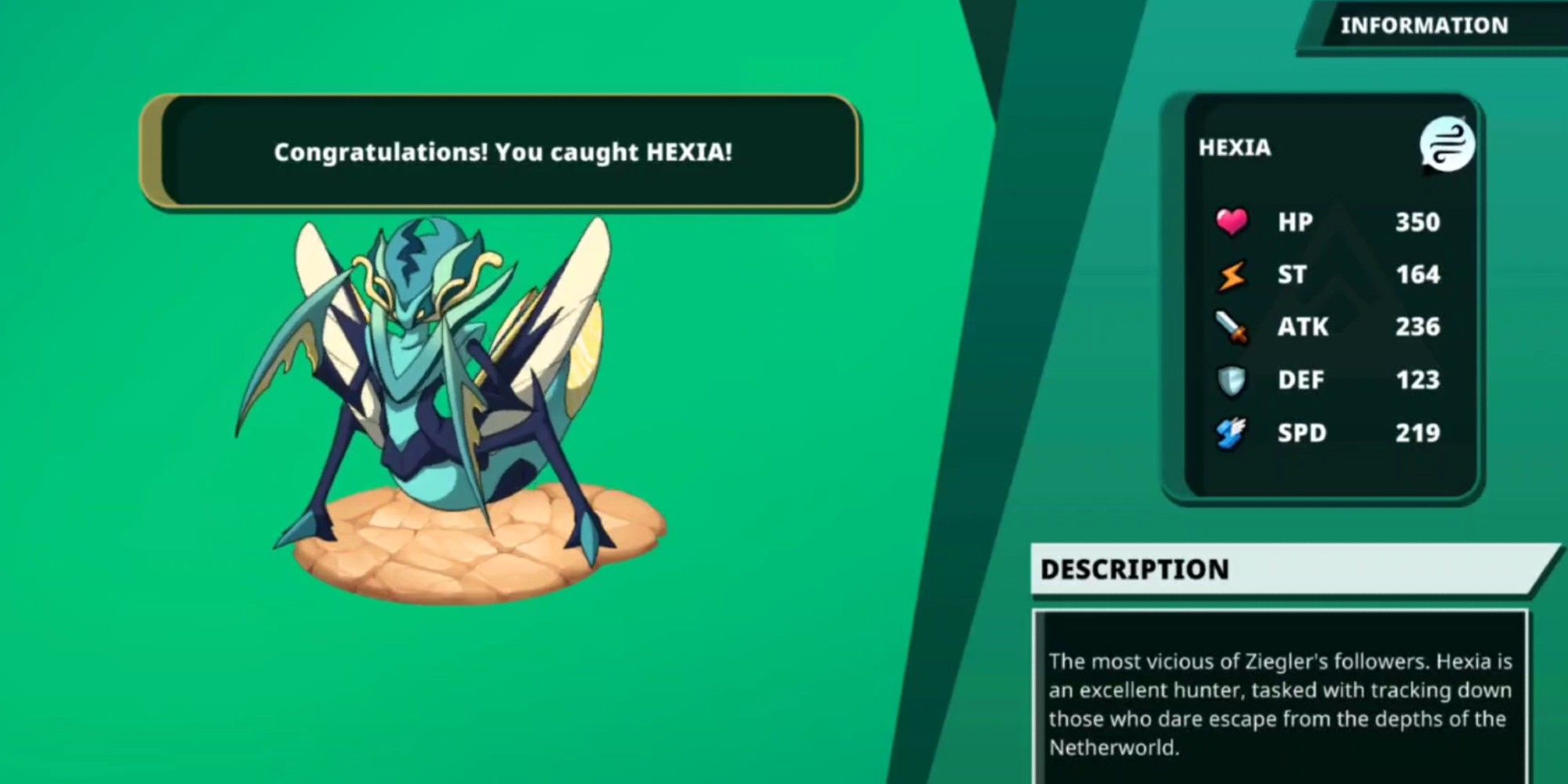 Nexomon: Extinction Hexia capoture screen with stats on the right, green background
