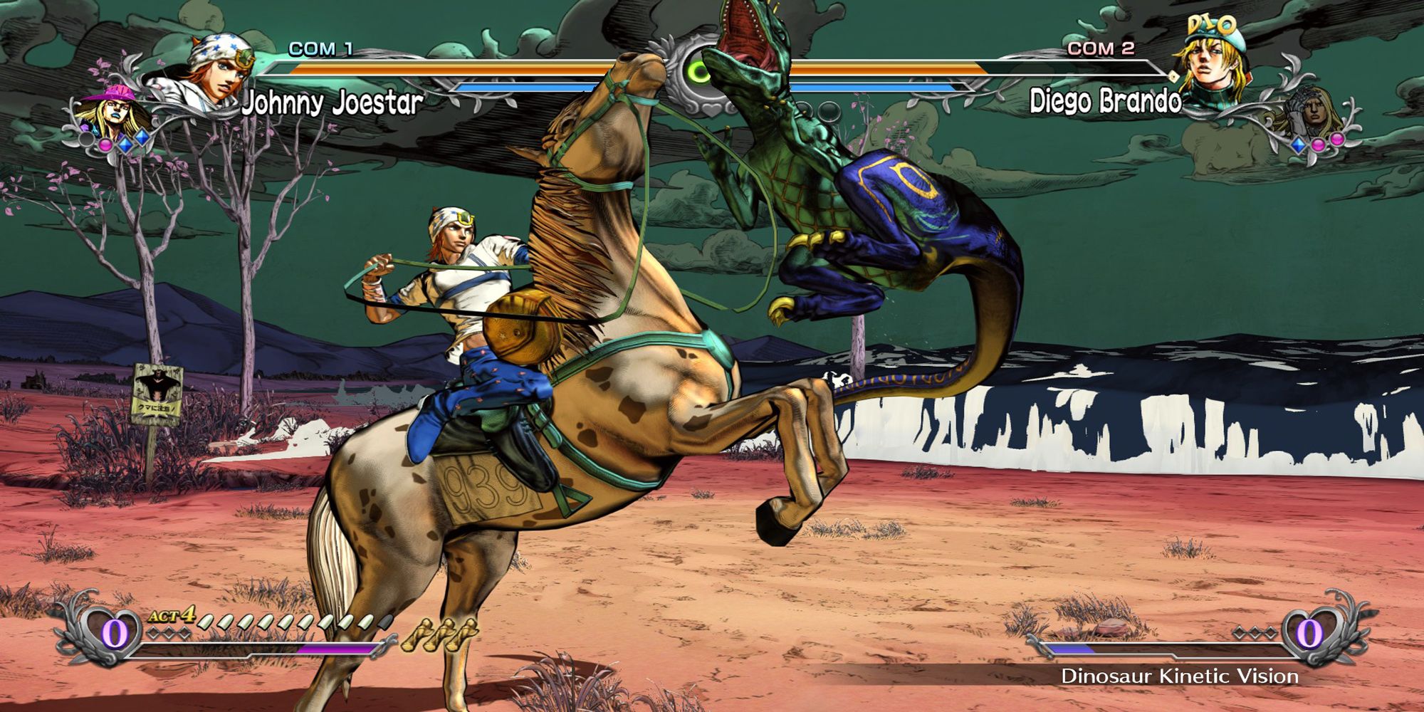 Johnny reigns his horse up on its hind-legs to punish one of Diego's Dinosaur attacks during a battle on the Philadelphia Seaside in JoJo's Bizarre Adventure ASBR.