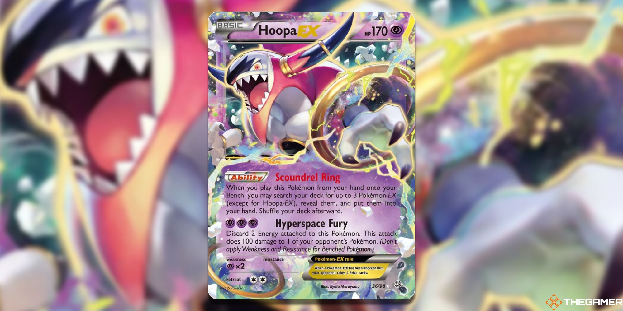 Hoopa-EX from Ancient Origins Card Art with blurred background
