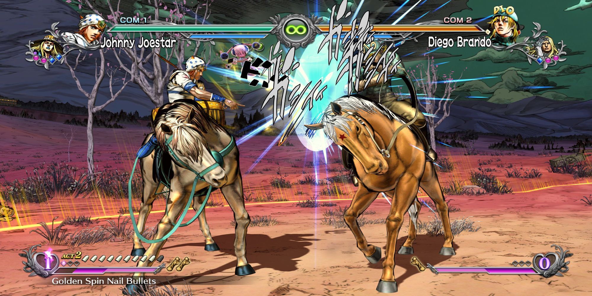 Diego's horse guards against Tusk's nail bullets during a battle at the Philadelphia Seaside in JoJo's Bizarre Adventure ASBR.