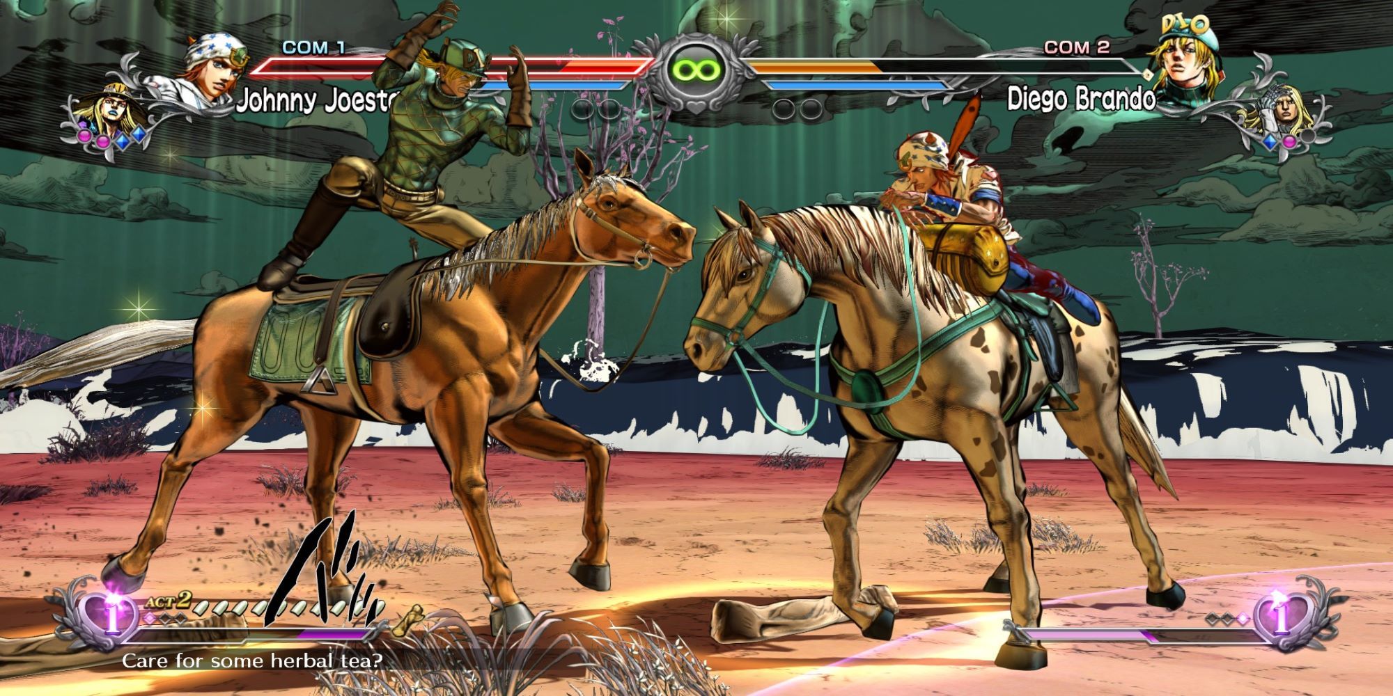 Diego and Johnny have a stand off on their horses during a battle at the Philadelphia Seaside in JoJo's Bizarre Adventure ASBR.