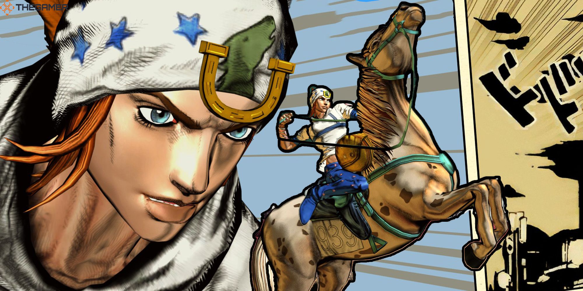 A background image shows Johnny Joestar illustrated inside a manga panel while another image shows Johnny riding his horse in the foreground. Custom image for JoJo's Bizarre Adventure ASBR.