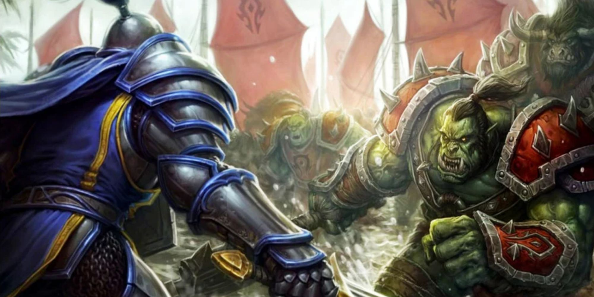 World of Warcraft Human fighting Orc splash art