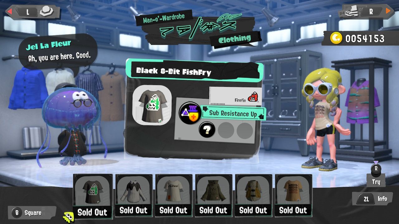 Splatoon 3 buying every item in the clothing shop