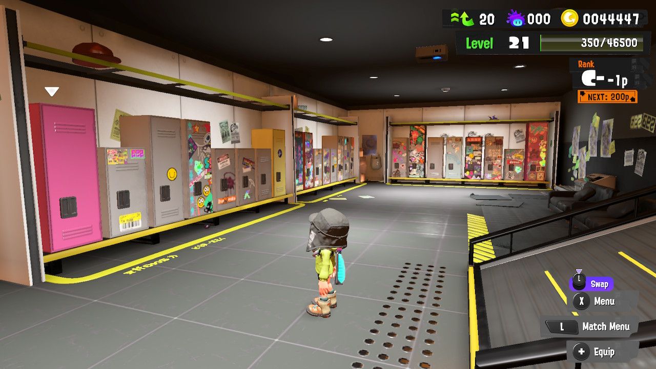 Splatoon 3 standing in a Locker Room