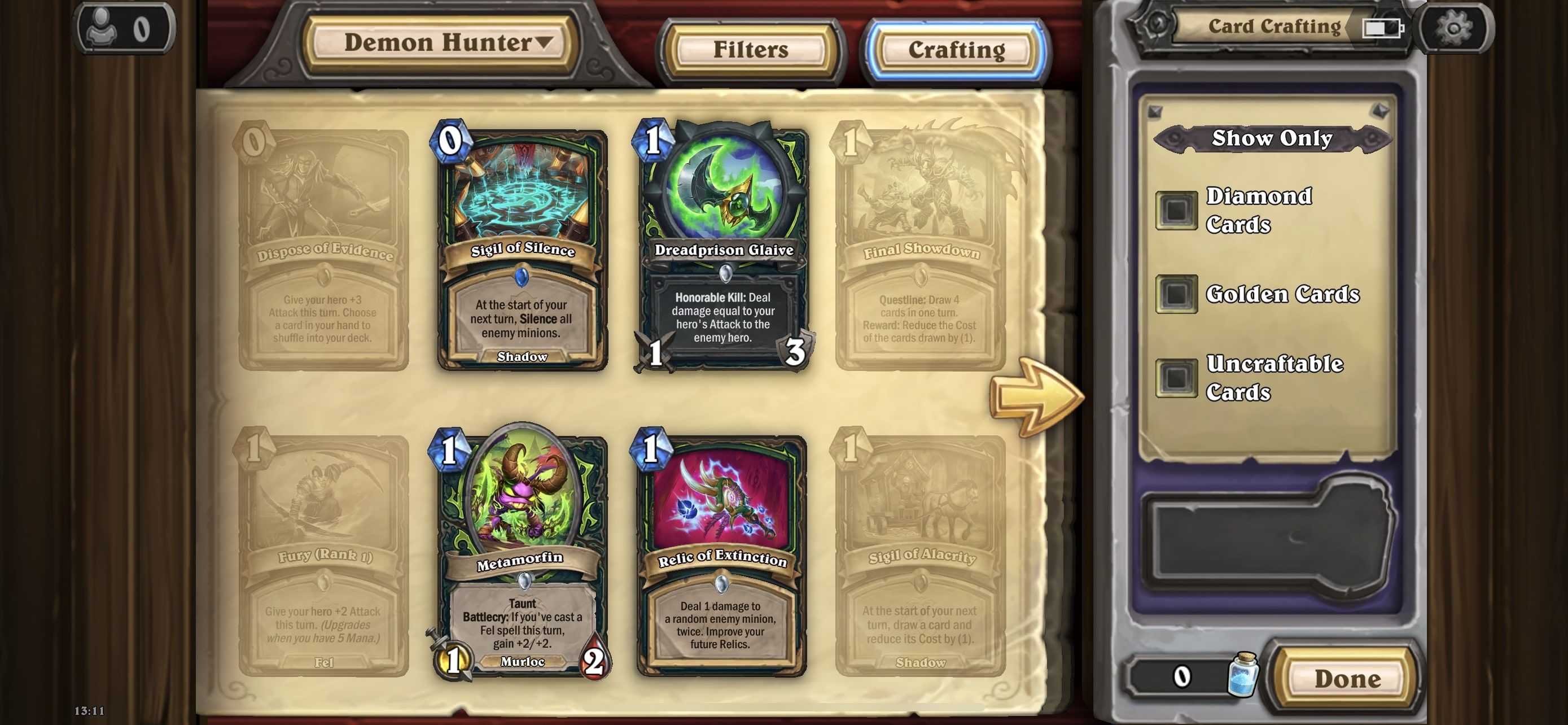 Hearthstone Crafting Screen