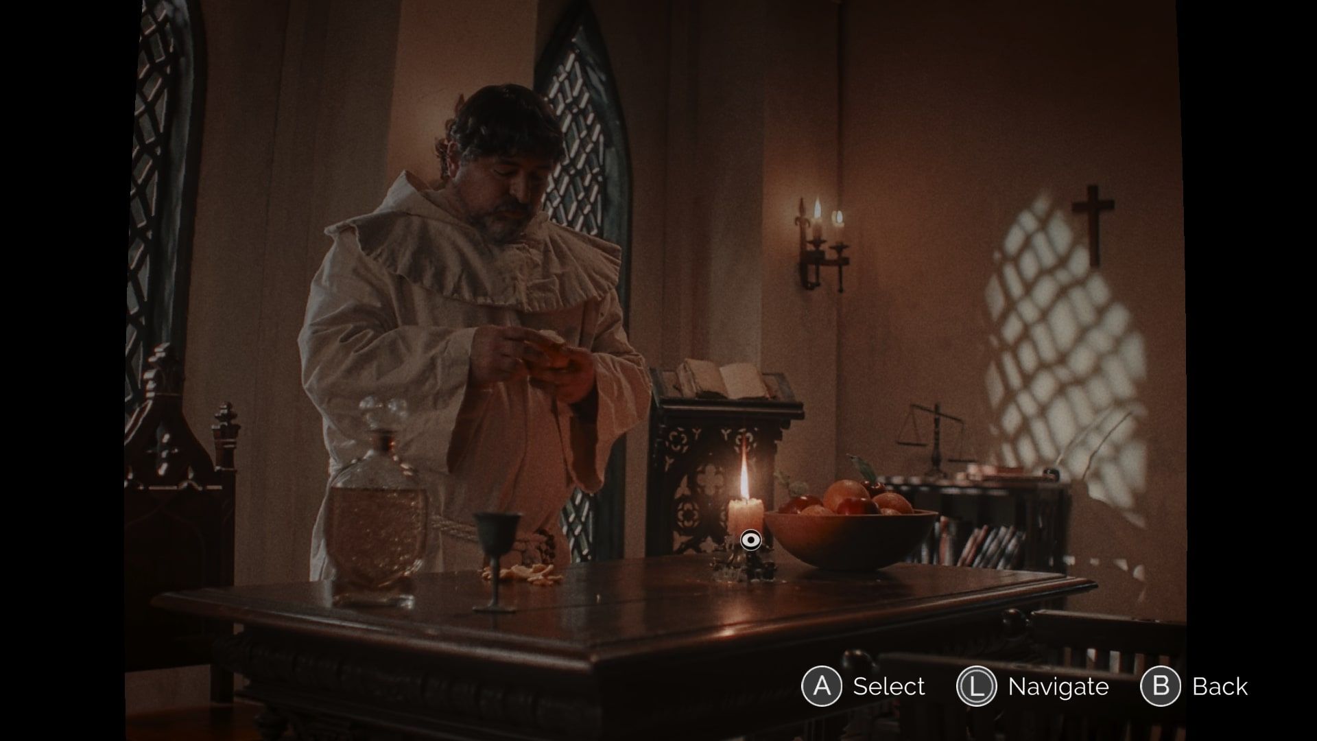 IMMORTALITY monk eating orange in film, cursor selecting candle in image mode