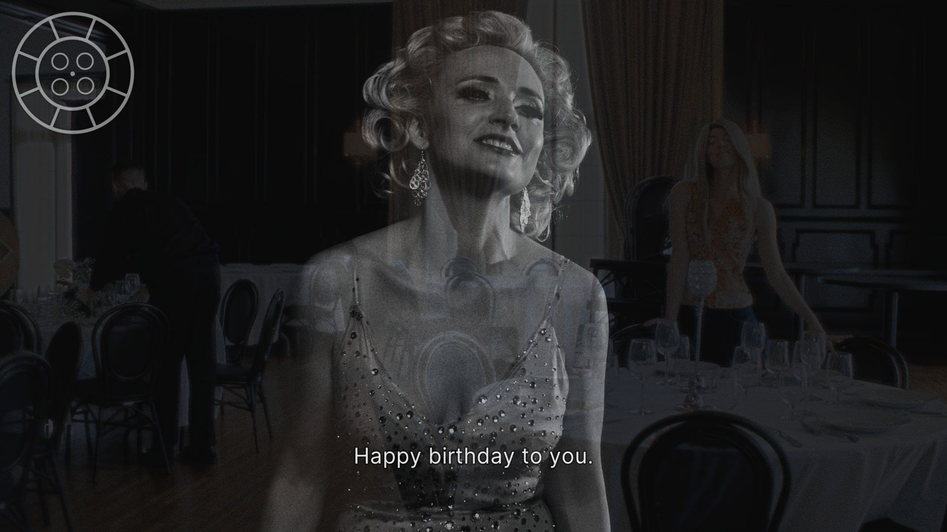 IMMORTALITY Marissa in ballroom singing happy birthday, image of glamorous actress in black and white layered on top