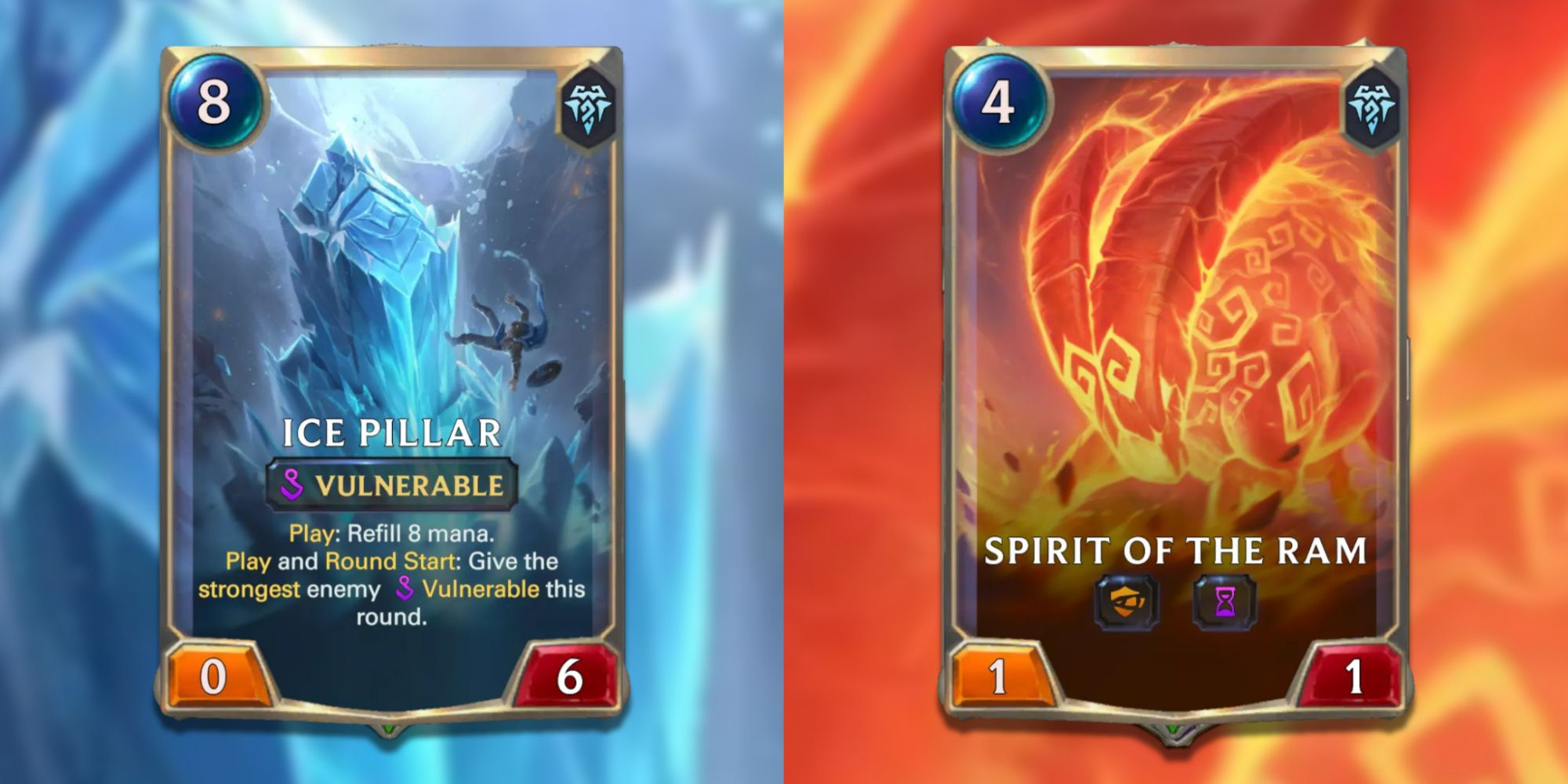 Legends of Runeterra split image of Ice pillar and spirit of the ram cards