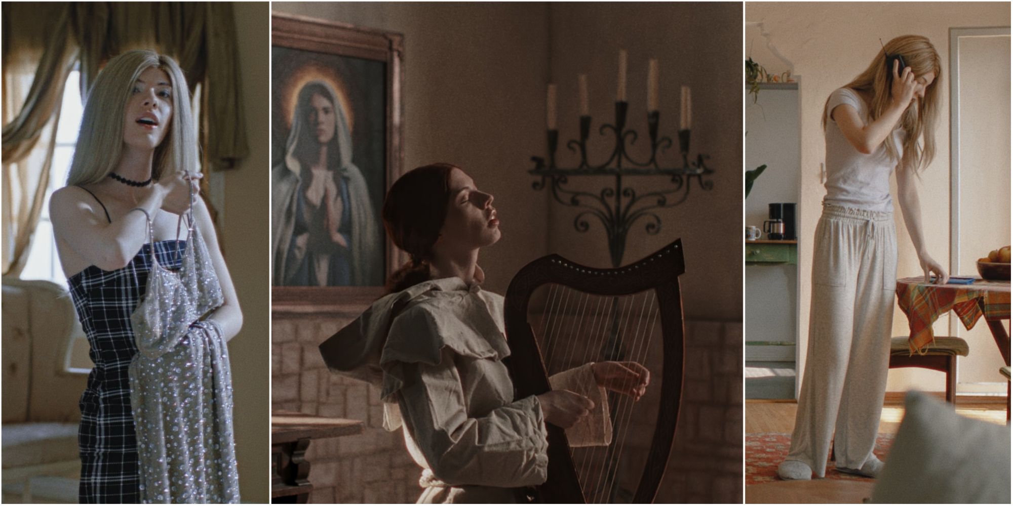 Immortality Marissa Marcel in films triptych left to right, looking at dress, playing harp in monk robes, on phone