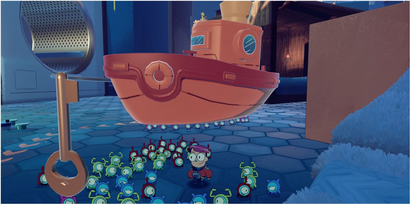 A bunch of tinykin carrying a toy ship