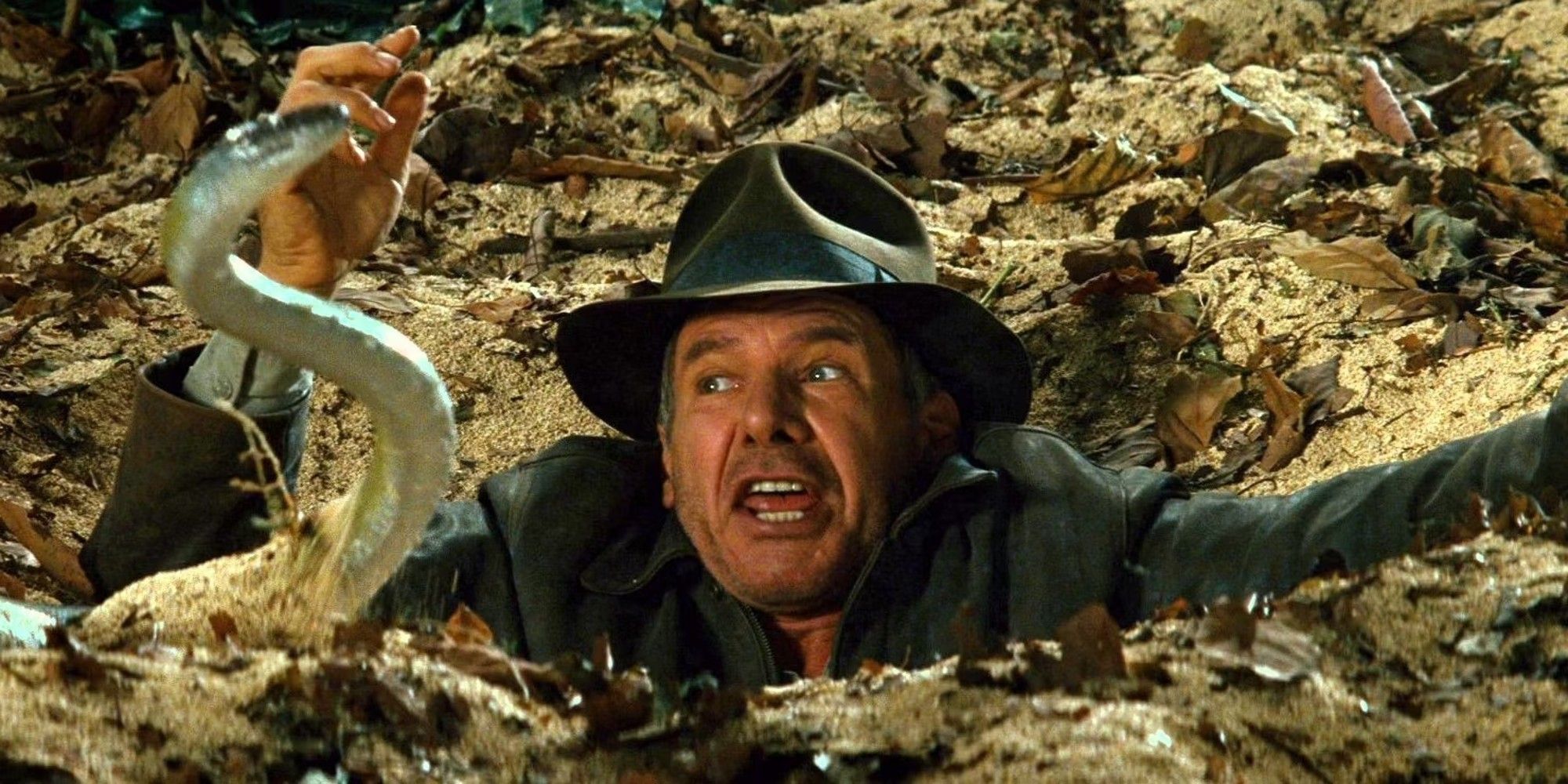Indiana Jones in a pit full of snakes, looking scared