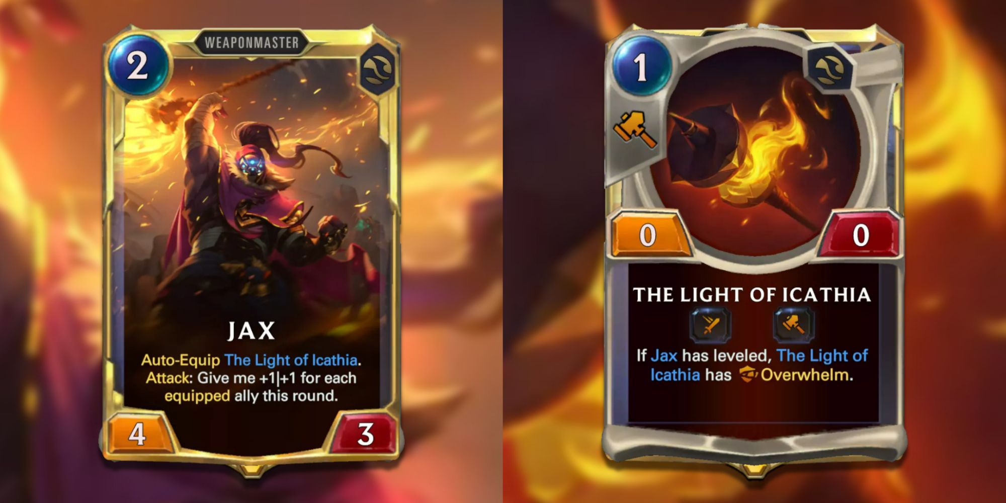Legends of Runeterra split image of evolved Jax card and Light of Icathia Equipment