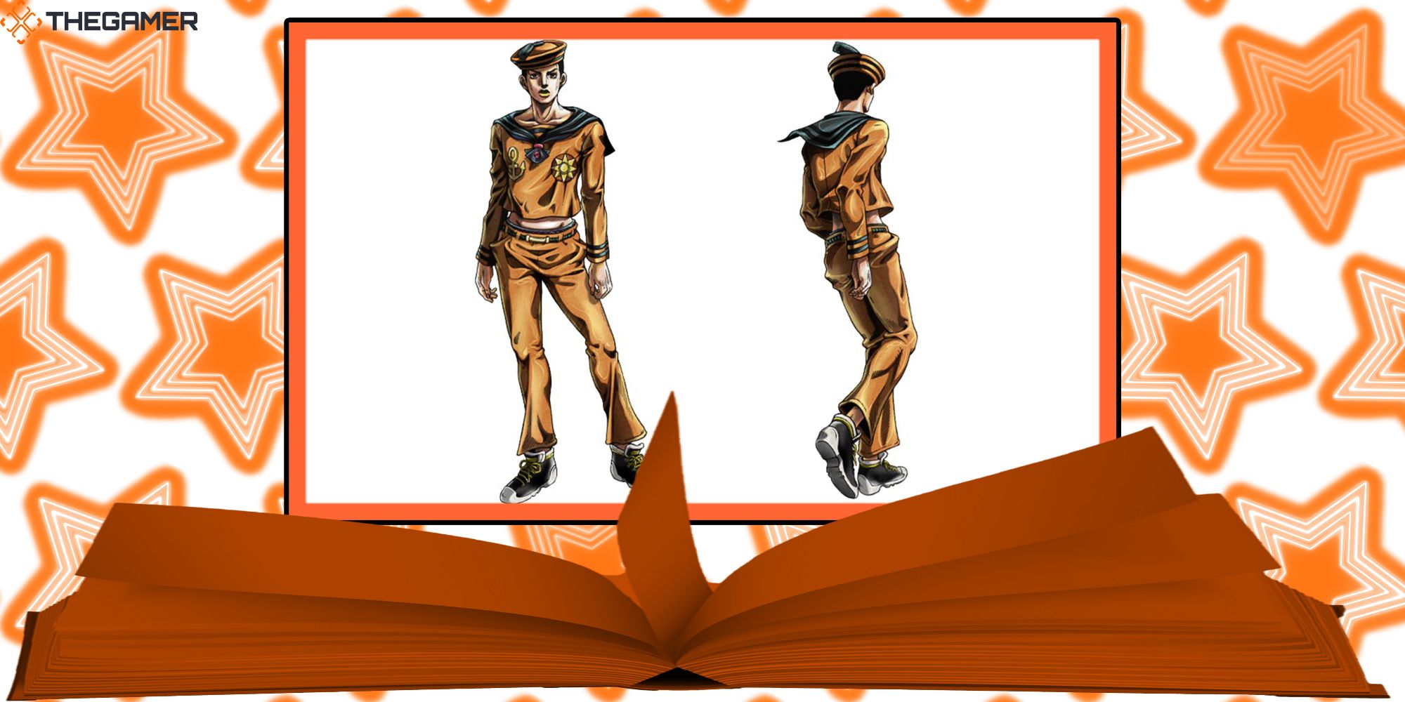 A reference sketch of Josuke Higashikata 8 emerges from an orange book. Orange and white stars grace the background. Custom image for JoJo's Bizarre Adventure ASBR.