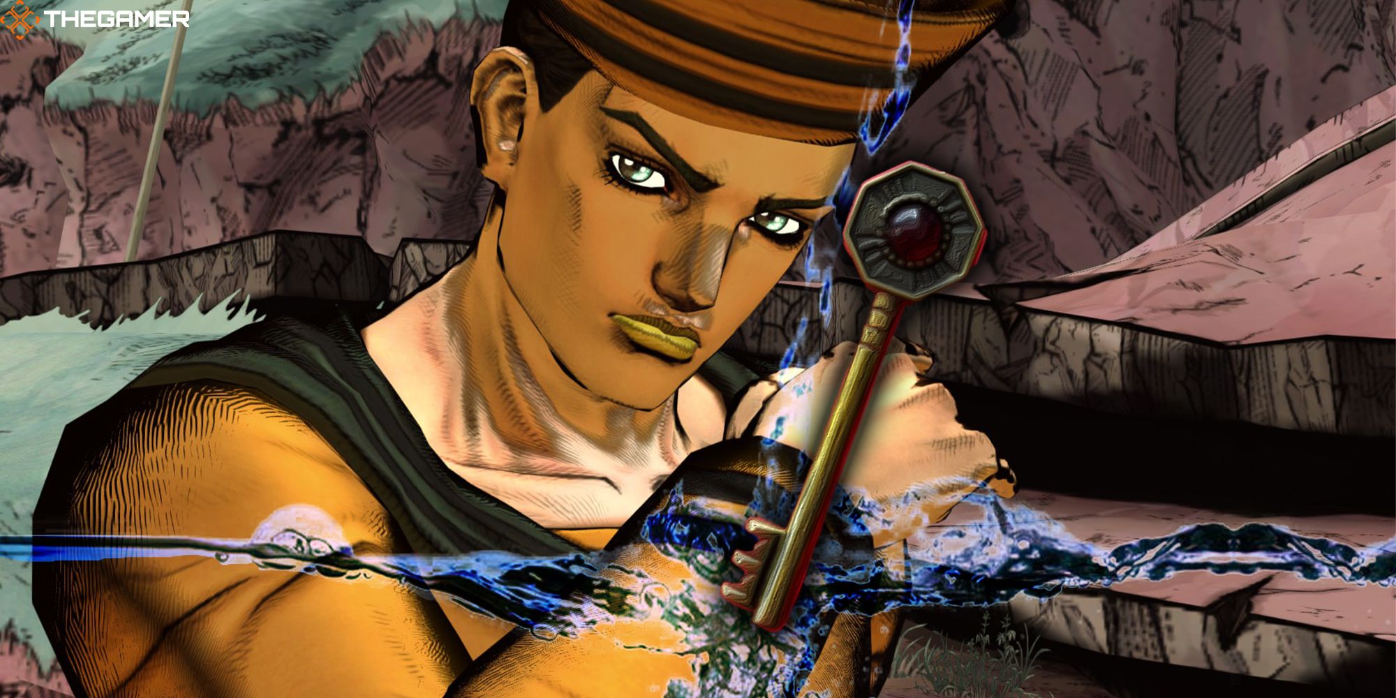 Josuke 8 stands behind a Golden Key falling into a puddle of water in this custom image for JoJo's Bizarre Adventure ASBR.