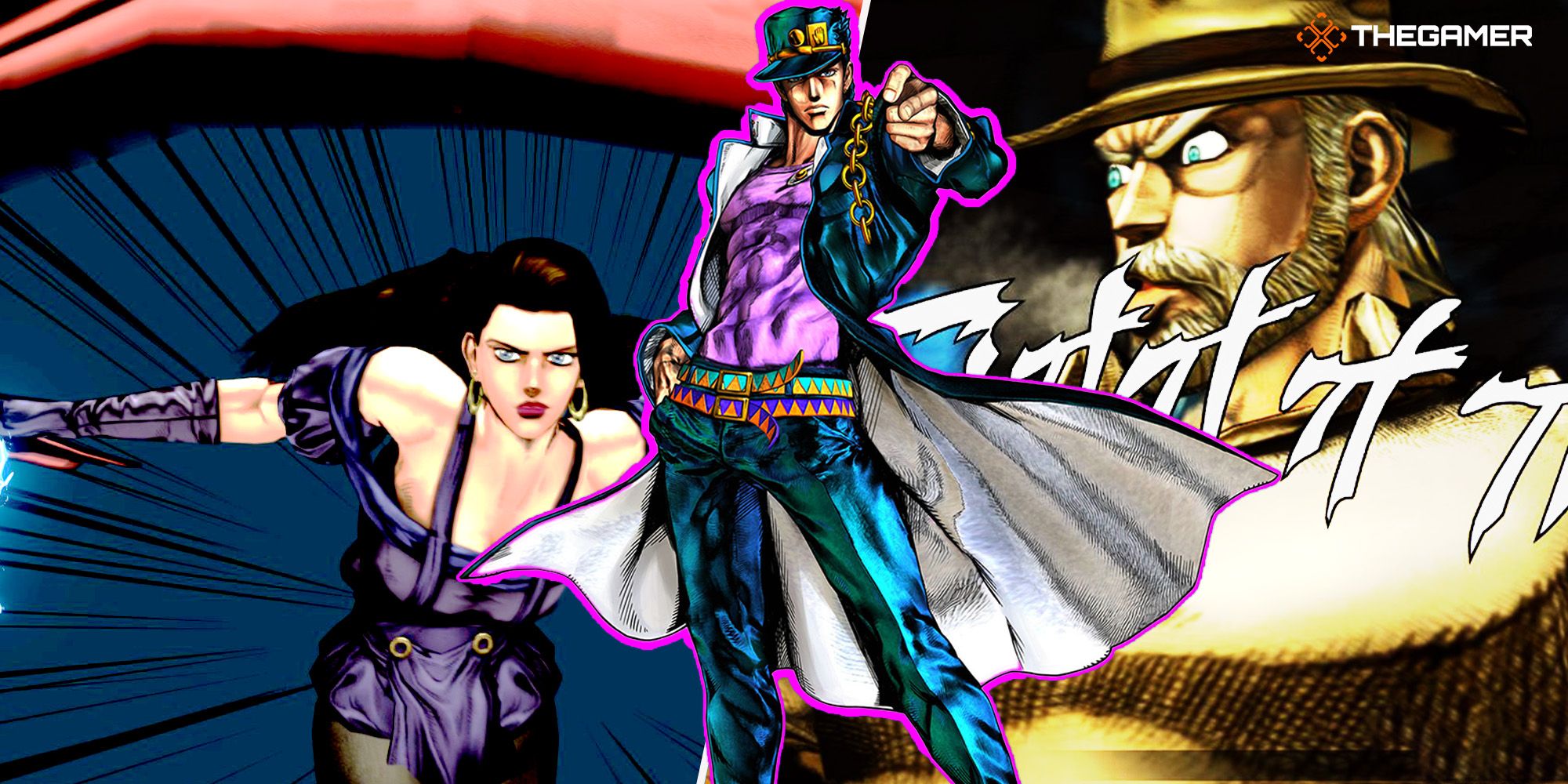 Background: [Panel 1] Lisa Lisa unleashes her Hamon infused scarf. [Panel 2] Old Joseph Joestar charges Hamon to unleash a powerful attack. Foreground: Jotaro Kujo points forward in a confident pose. Custom Image for Jojo's Bizarre Adventure ASBR.