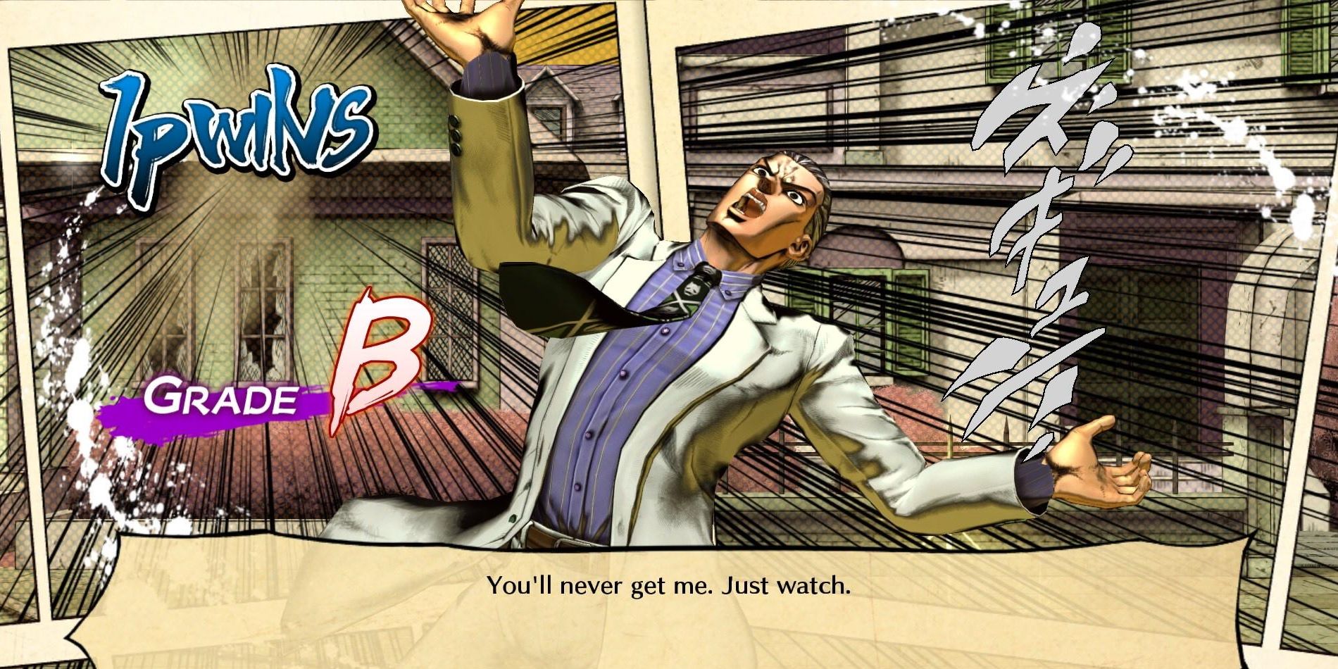 Kosaku Kawajiri's win screen in Jojo's Bizarre Adventure: All-Star Battle R