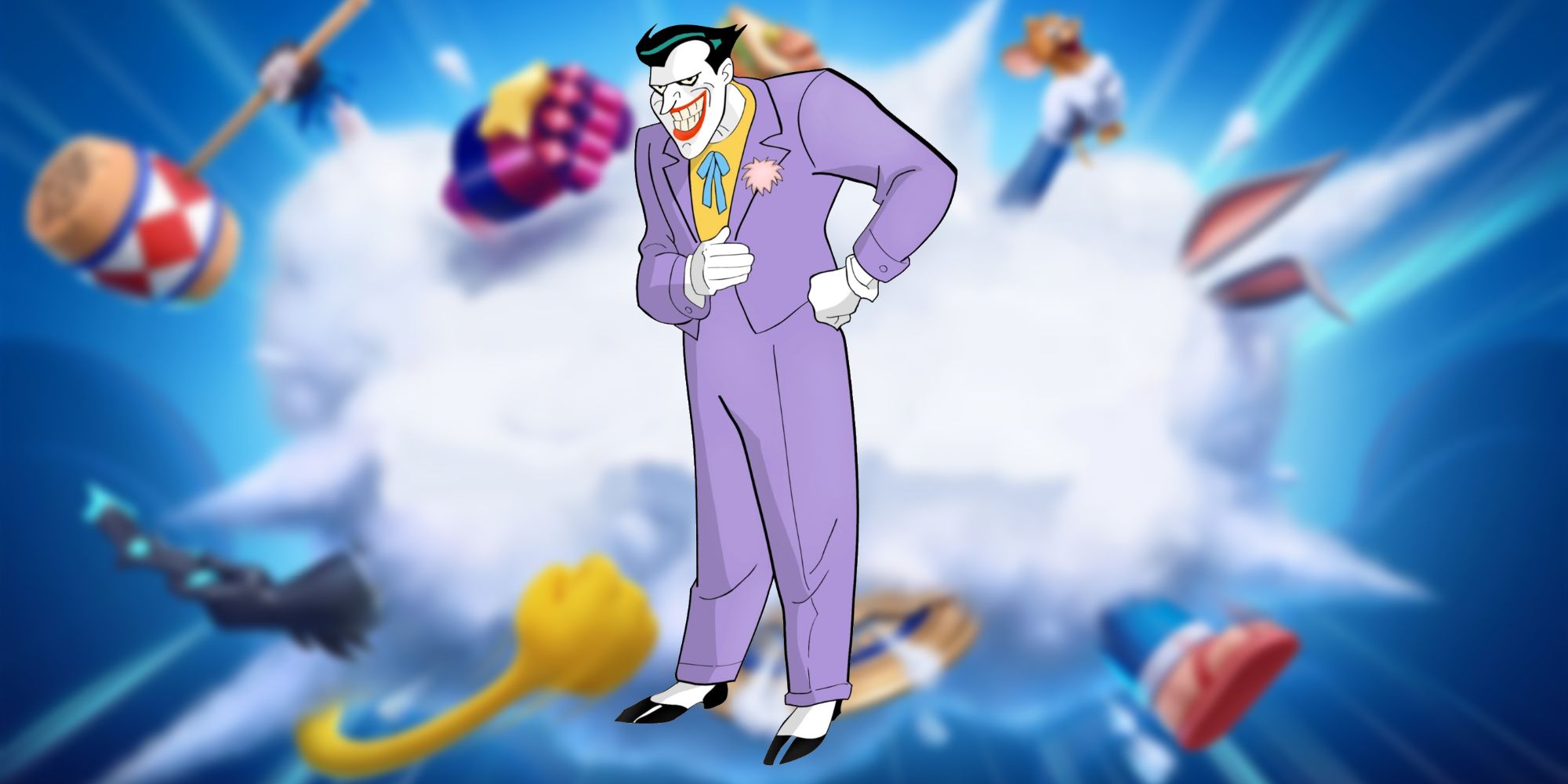 Joker in front of a cloud of MultiVersus characters fighting