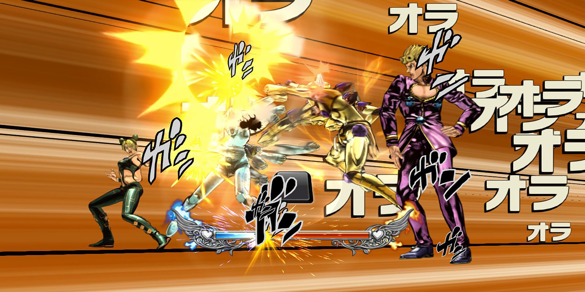 Jolyne Cujoh and Giorno Giovanna's stands clash in an epic rush in Jojo's Bizarre Adventure ASBR.