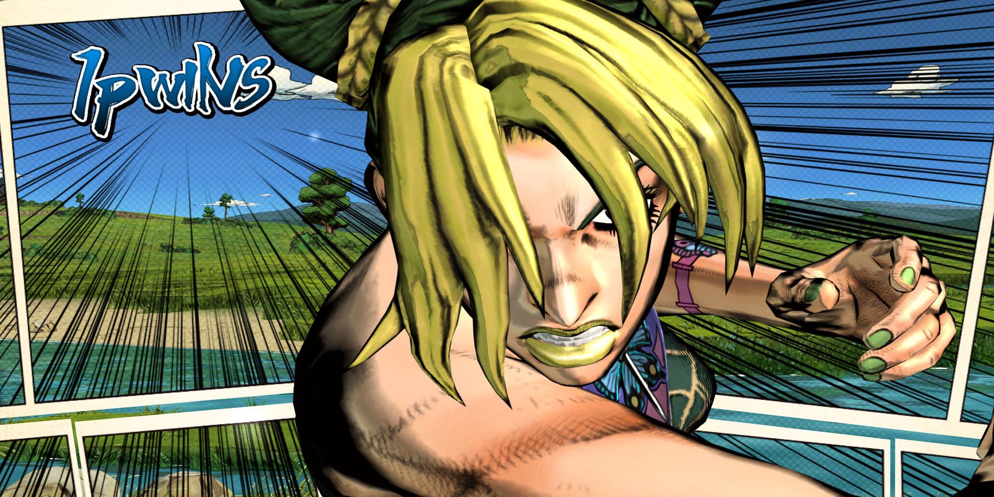 Jolyne Cujoh punches through the pages of a manga in this victory shot from JoJo's Bizarre Adventure: ASBR.