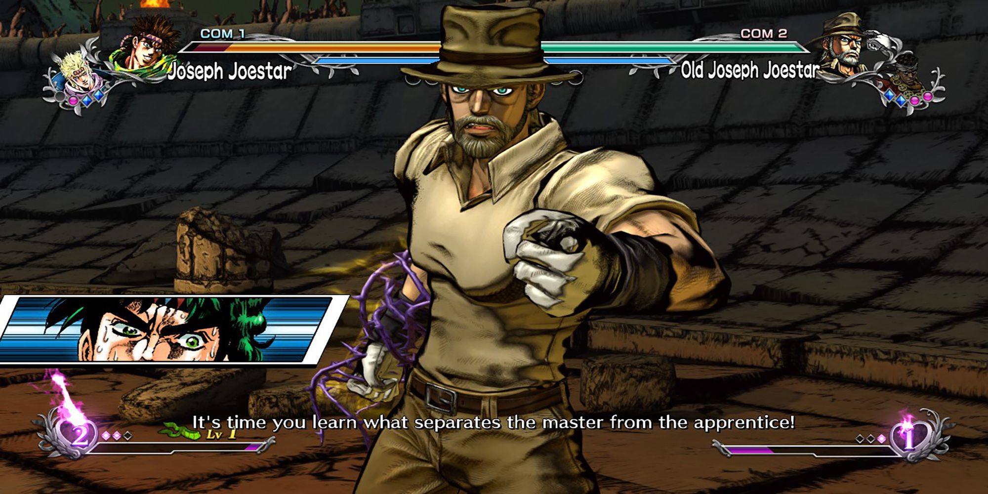 Joseph Joestar taunts his younger self during a showdown at the Pillar Man Battlefield in Jojo's Bizarre Adventure ASBR.