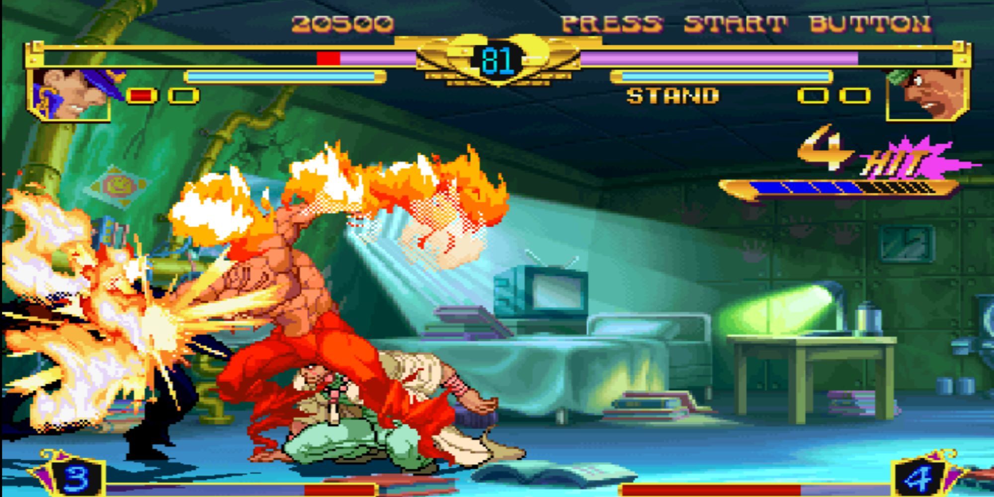 Avdol's stand, Magician's Red, burns Jotaro Kujo during an intense match inside a jail cell in Jojo's Bizarre Adventure: Heritage For The Future.