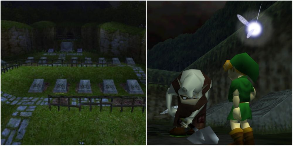 Split image screenshots of Kakariko Village Graveyard and Link with Dampé in The Legend of Zelda: Ocarina of Time.