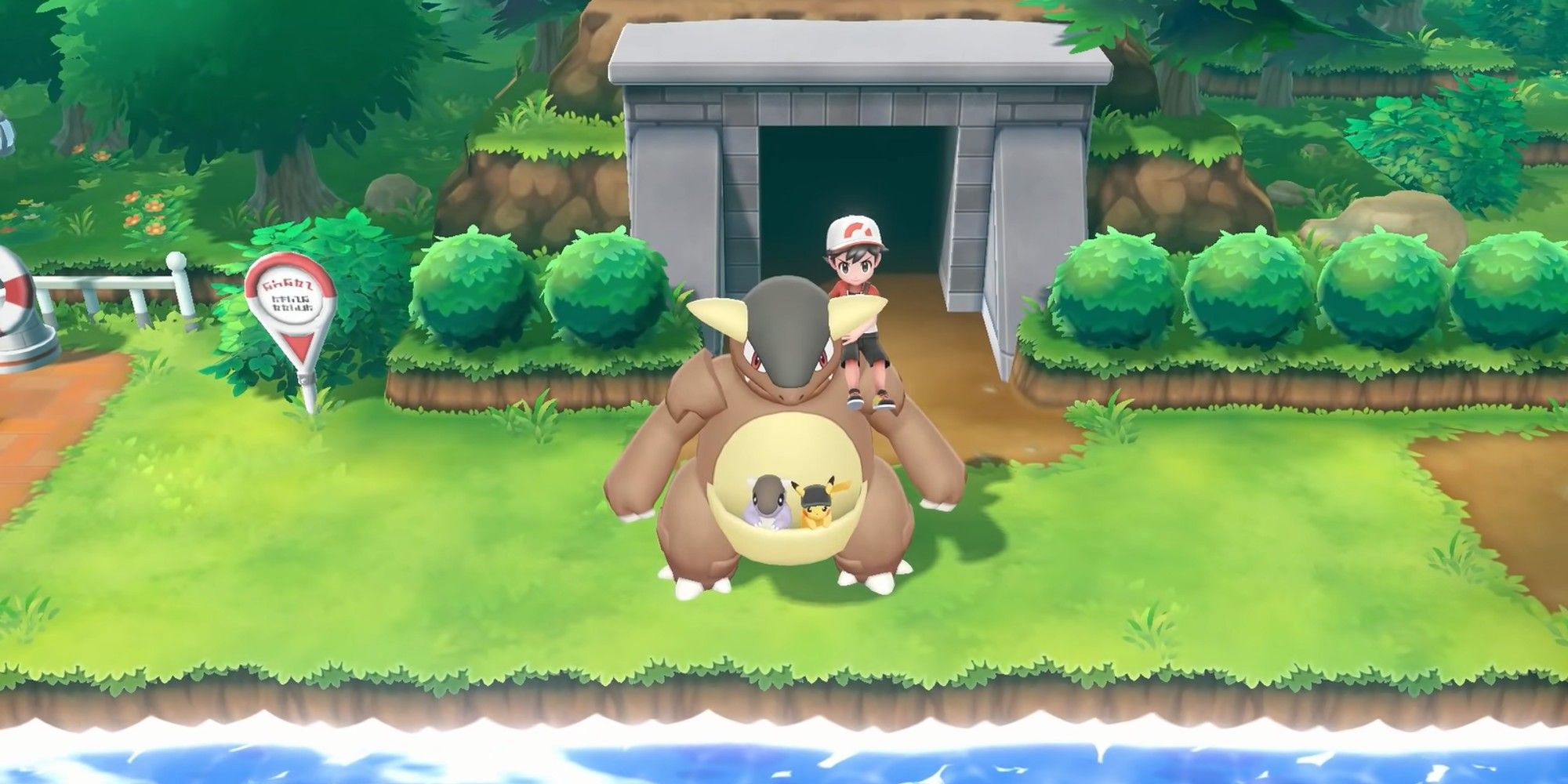 Kangaskhan from Pokemon Let's Go Eevee & Let's Go Pikachu standing still and looking at the camera