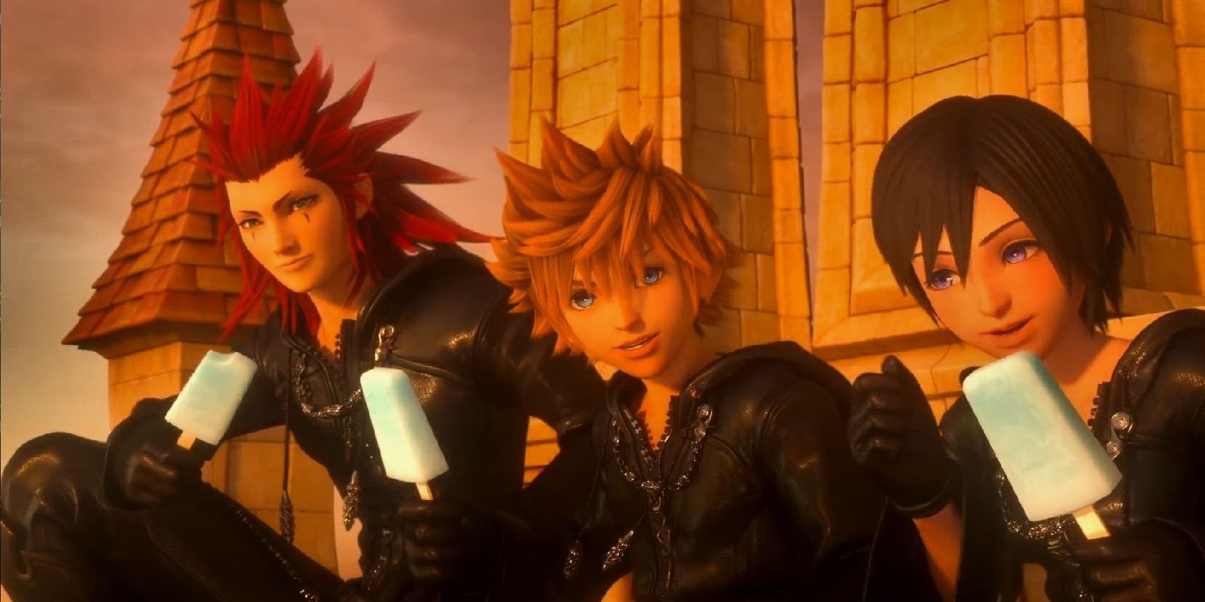 Axel, Roxas and Xion eating Ice Cream in Twilight Town