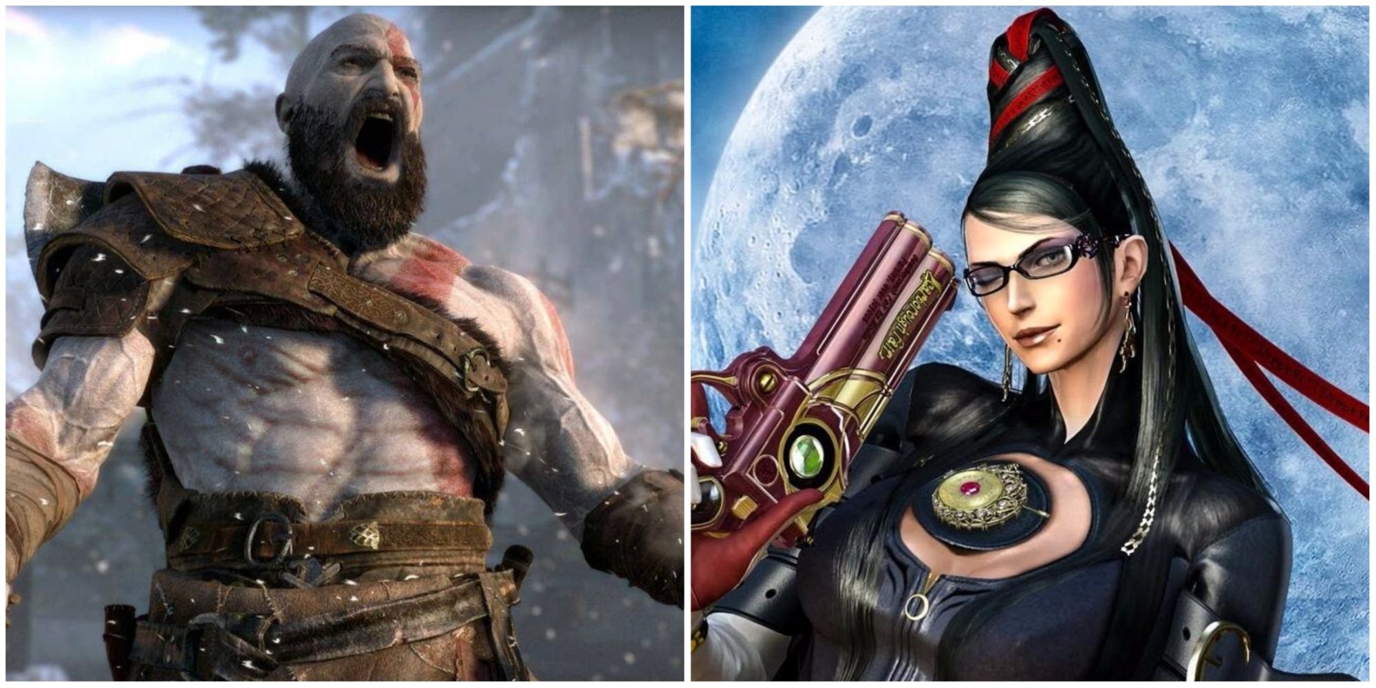 Kratos shouting and Bayonetta winking with her gun in front of the moon