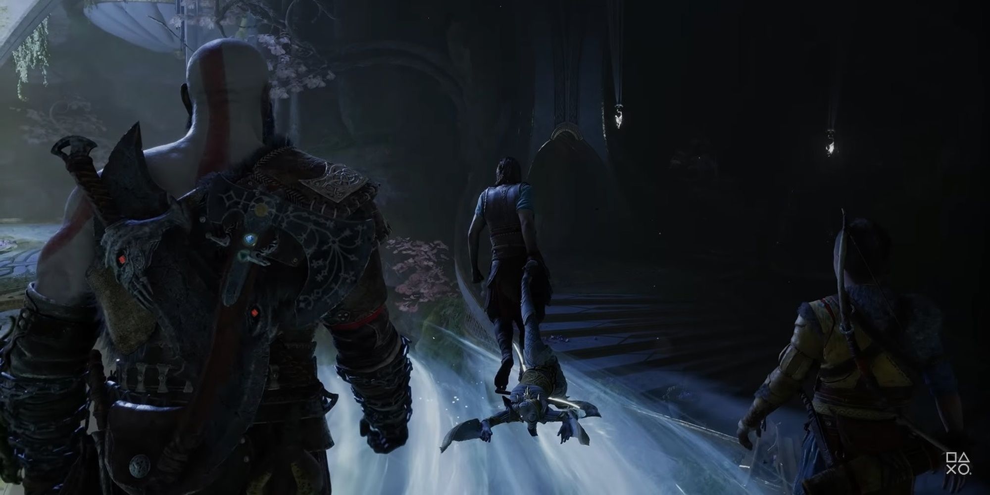 Kratos, Atreus and Tyr wandering around in God of War: Ragnarök