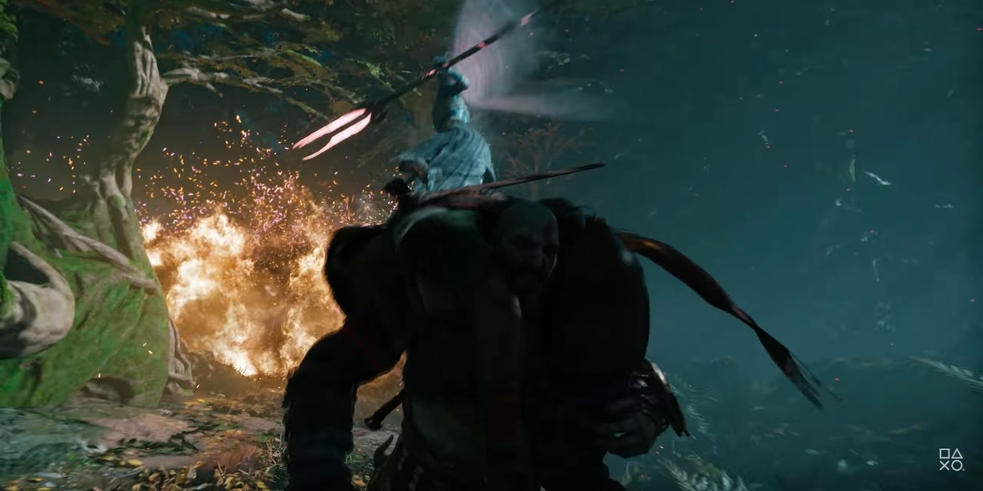A Dark Elf rushes towards and explosion while Kratos flees with someone on his shoulder, in God of War: Ragnarök