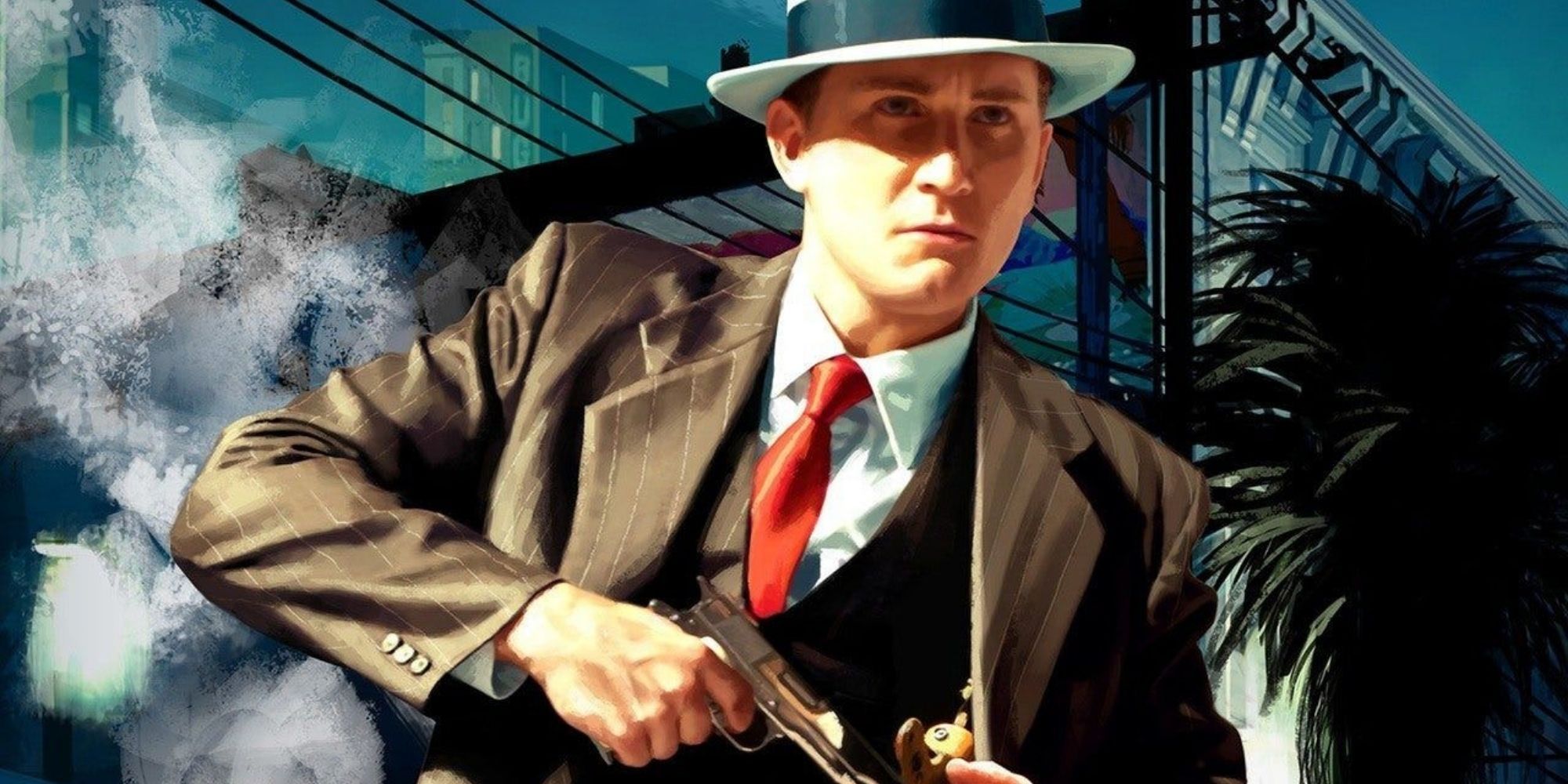 Cole Phelps pulls a gun from his jacket as smoke rises behind him