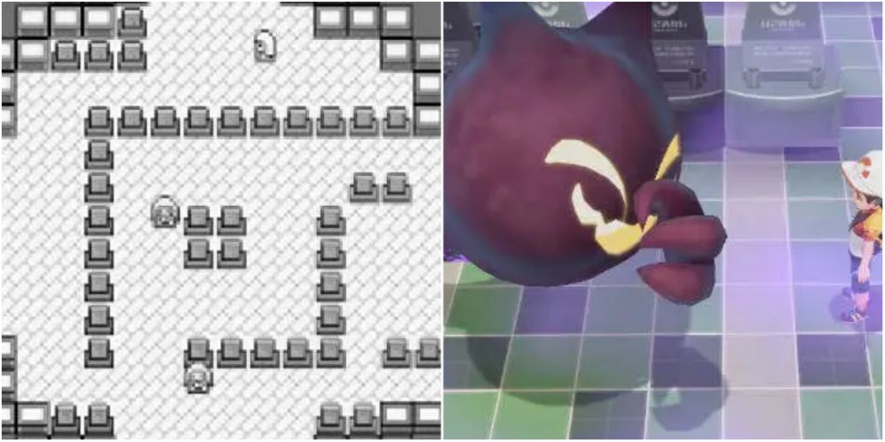 Split image screenshots of the Pokemon Tower in Red and Blue and the ghost in Pokemon Let's Go.