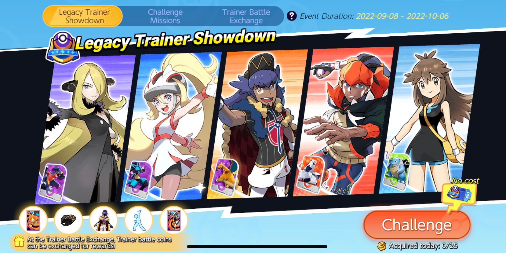 Legacy Trainer Showdown main screen from Pokemon Unite showing all five Legacy Trainers