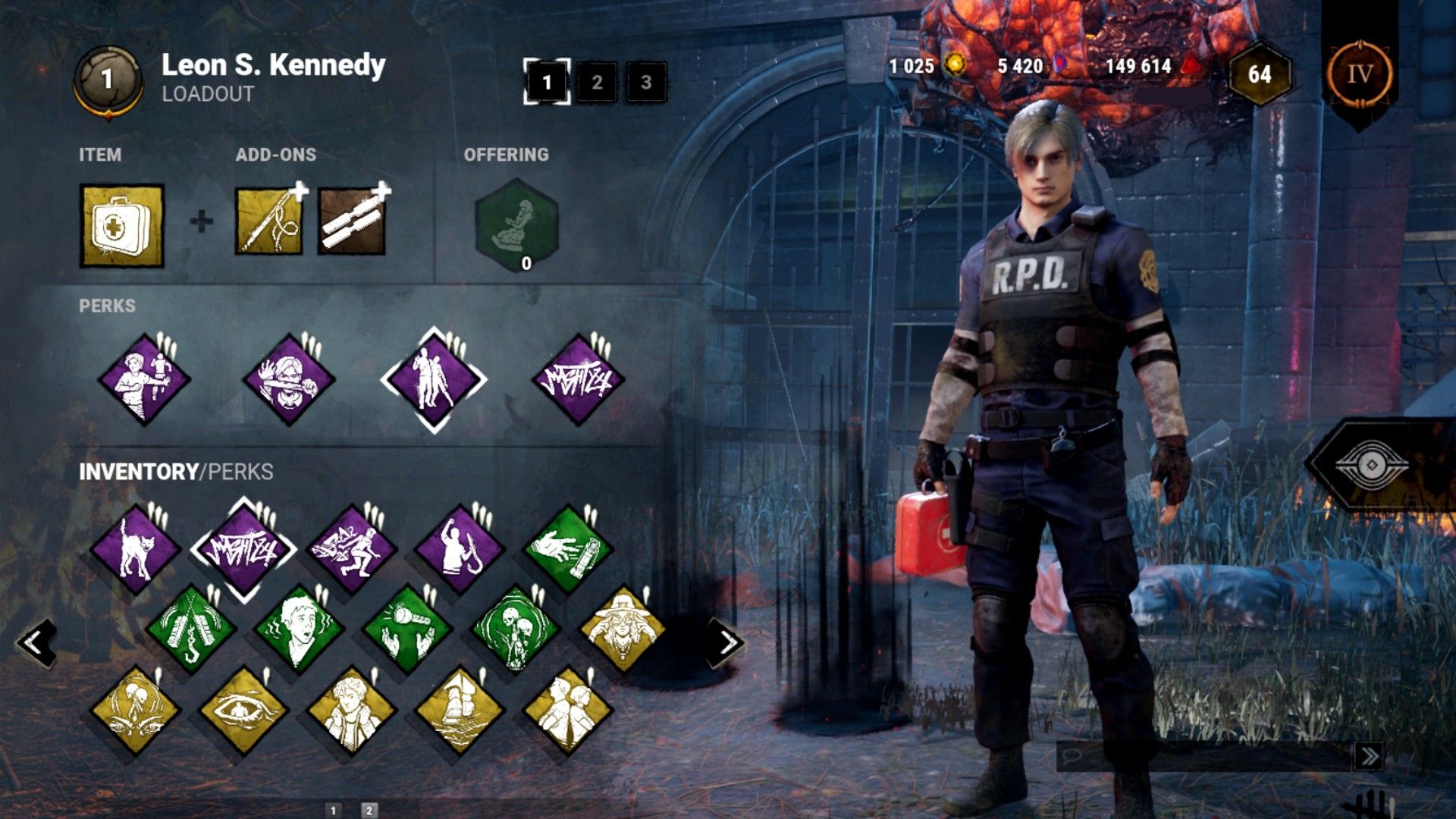 Leon Kennedy with an Altruist-heavy build in Dead By Daylight