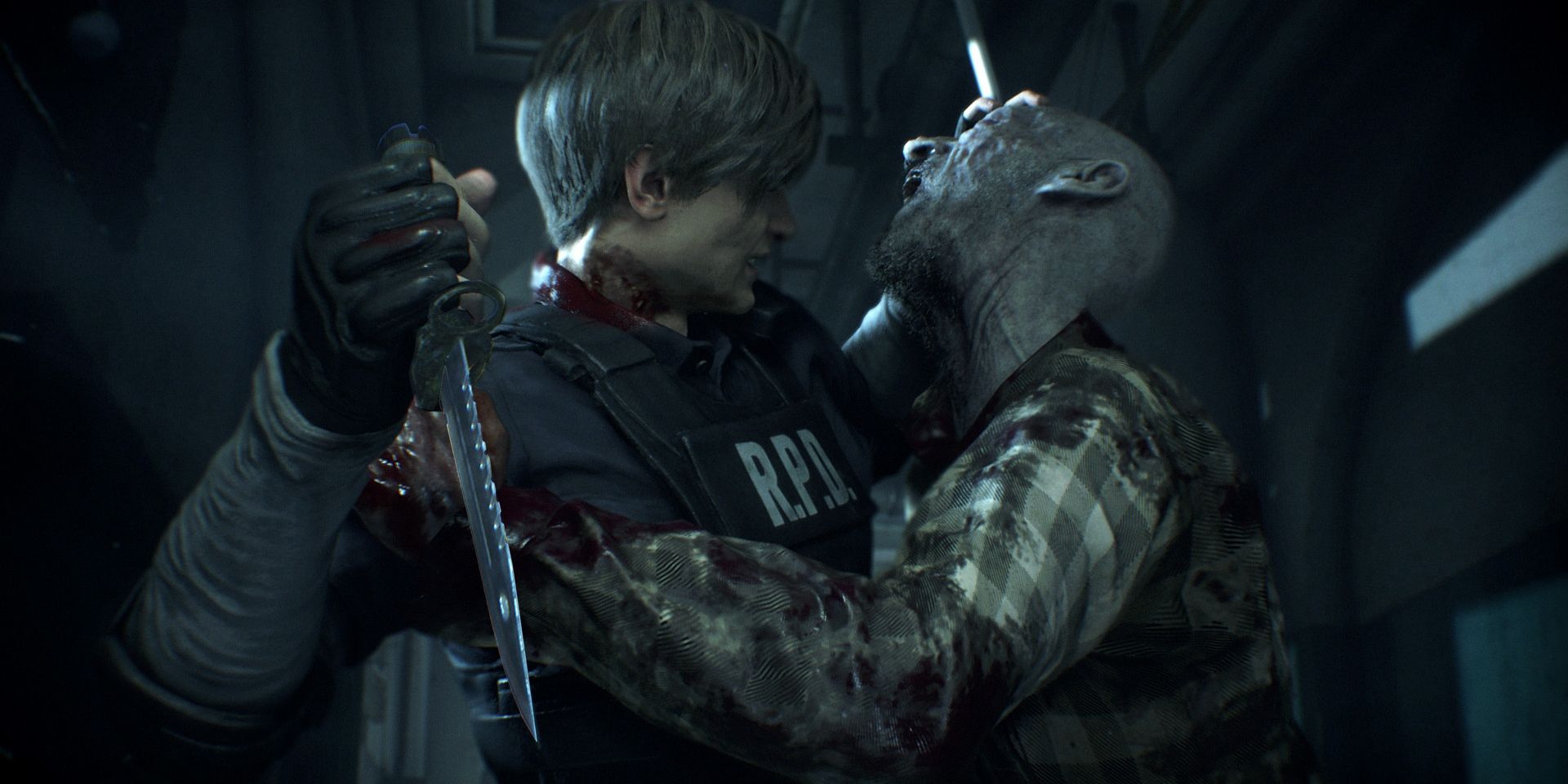 Leon fighting off a zombie with a dagger in Resident Evil 2 Remake