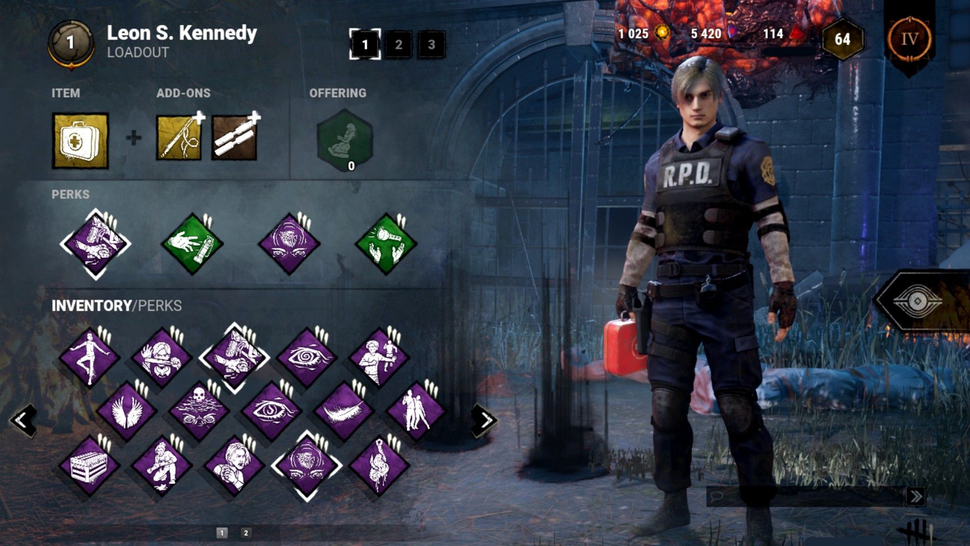 Leon's aggressive build to fight back against the Killer in Dead By Daylight