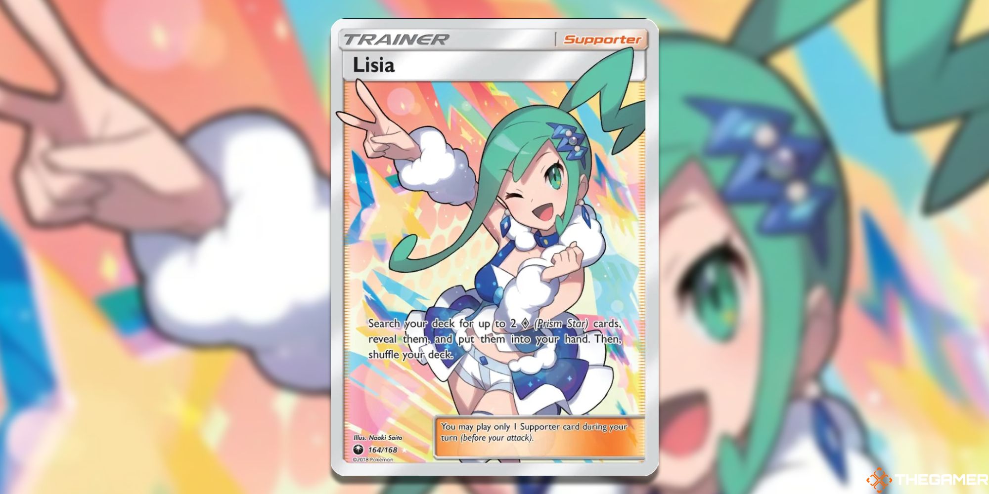 Pokemon TCG Full Art Lisia from SM-Celestial Storm with blurred background