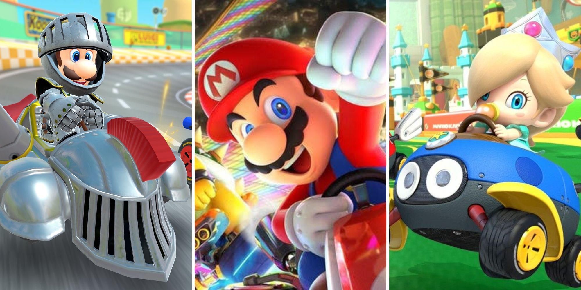 Luigi fährt in einem gepanzerten Fahrzeug, Mario hebt seine Faust auf der Rainbow Road, Baby Rosalina fährt einen Biddybuggy