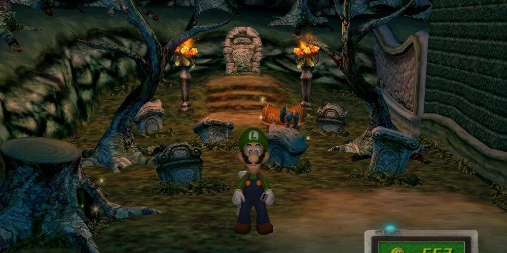 Luigi standing in the graveyard in Luigi's Mansion. 