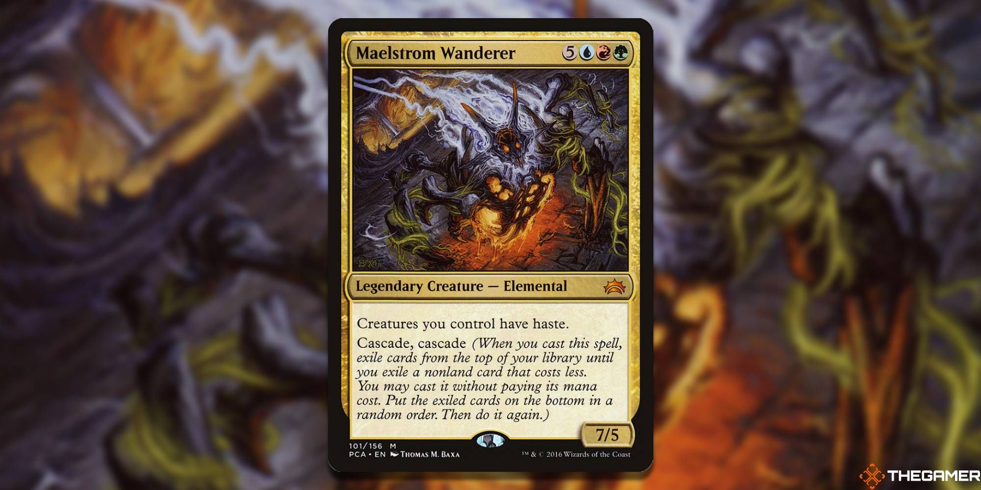 Image of the Maelstrom Wanderer card in Magic: The Gathering, with art by Thomas Baxa