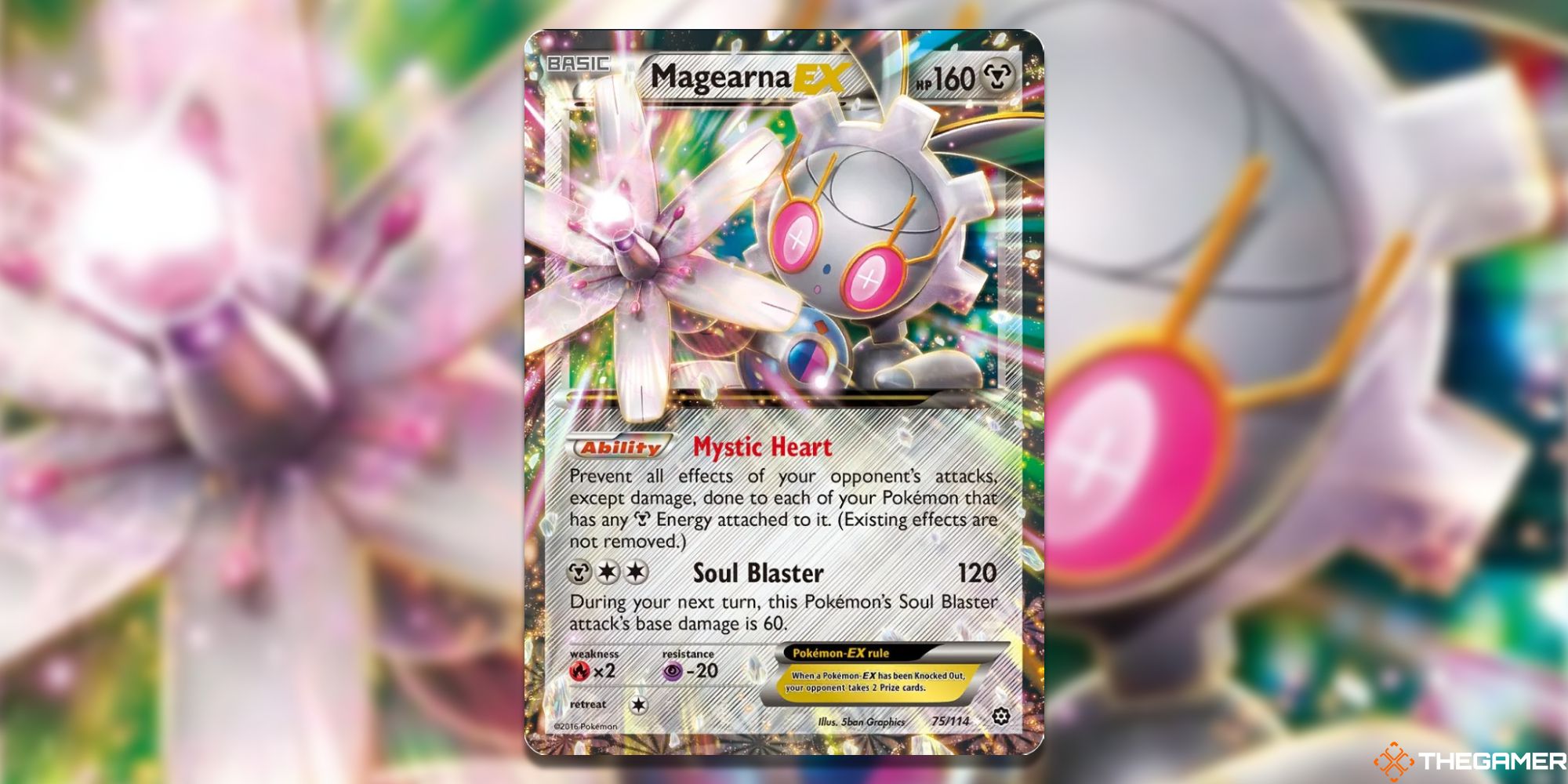Magearna-EX from Steam Siege Card Art with blurred background
