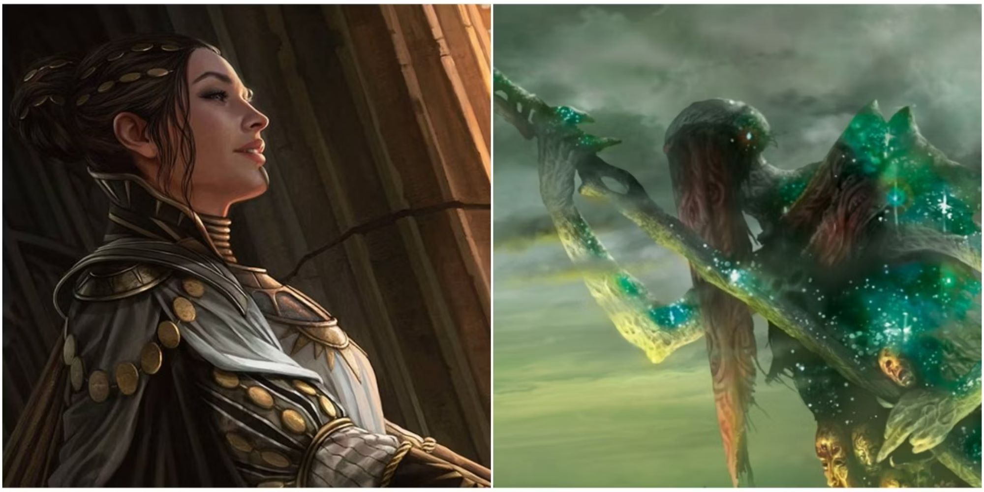 Split images of Teysa Karlov by Magali Villeneuve and Athreos, God of Passage by Ryan Barger.